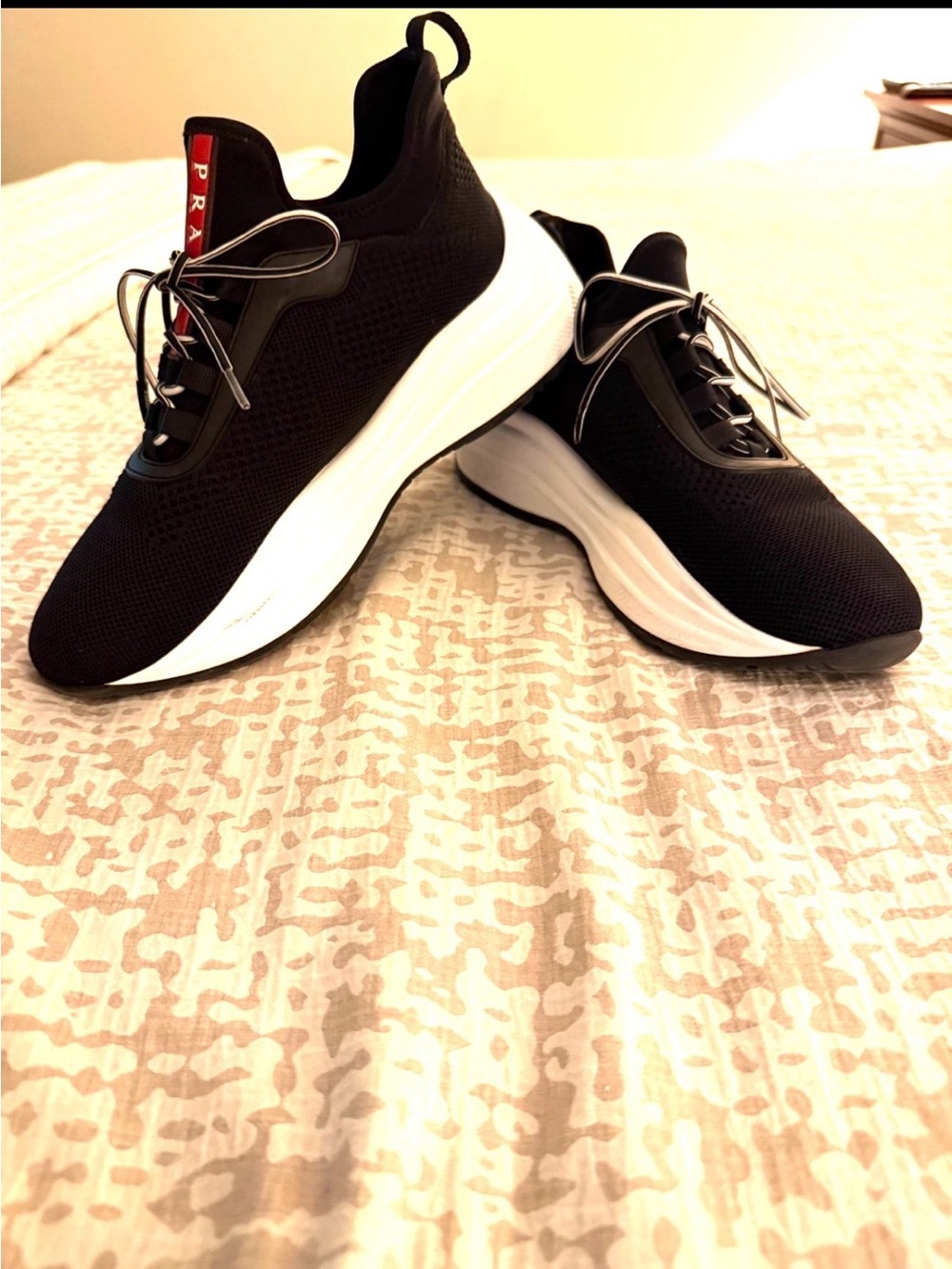 Prada Linea Rossa Black Knit Sneakers White Chunky Sole Logo Trainers Womens